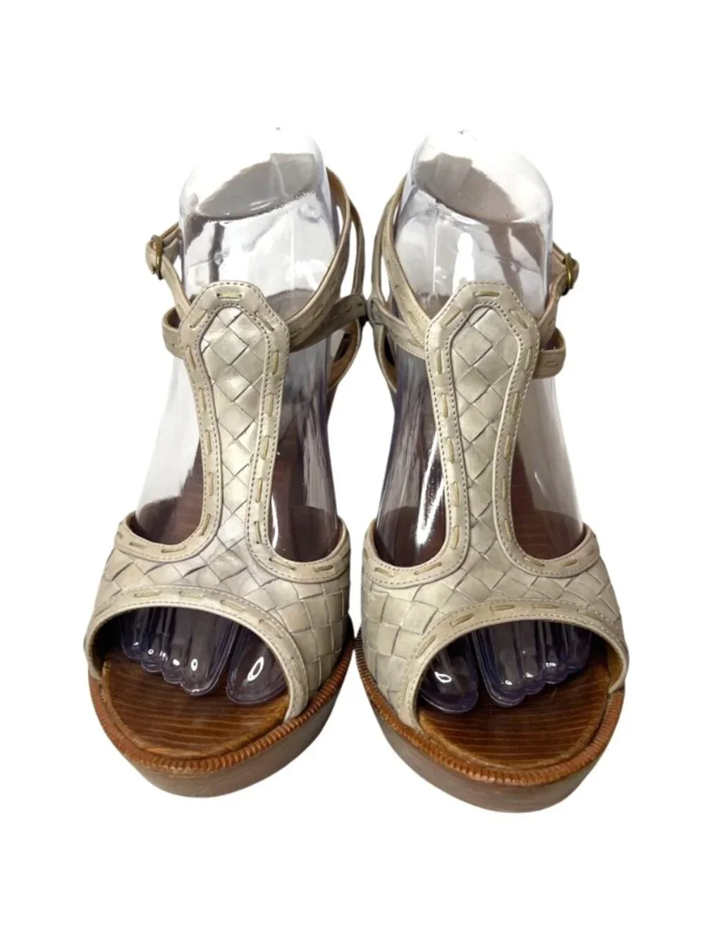 BOTTEGA VENETA Intrecciato Leather Ankle Strap Platform Sandals 38 8 Woven Gray